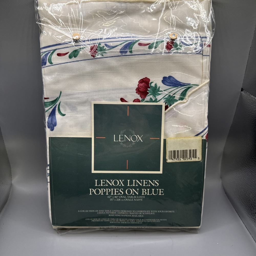 Lenox Tablecloth Poppies on Blue Oval 62"x86" Cloth Vtg Linens NIP